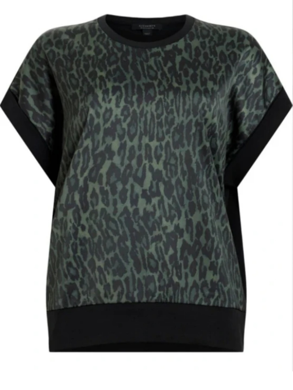 AllSaints Olive Green and Black Leopard-Print Short Sleeve Top